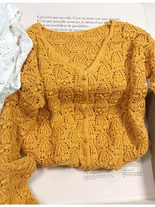 Kardigany z dzianiny damska 2024 wydrążona dekolt w szpic jednorzędowa luźna swetry na długi rękaw na co dzień
