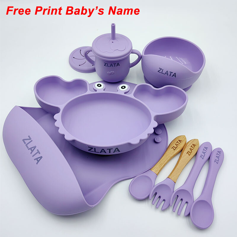 Piring kepiting untuk bayi silikon peralatan makan mangkuk isap piring baki sendok bayi nama personal Set makan untuk anak-anak