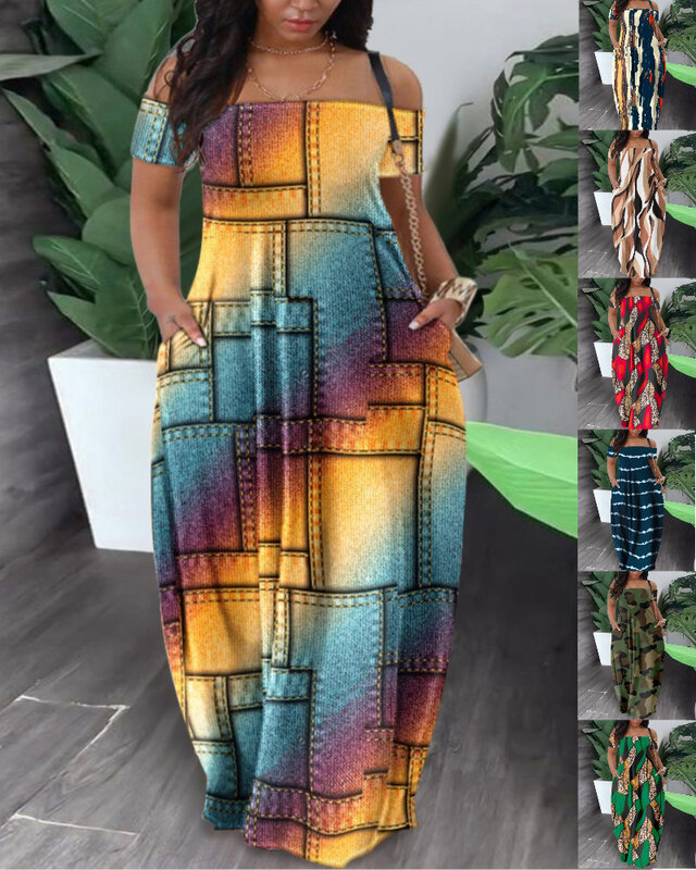 2023 musim panas seksi Afrika Wanita Mode lengan pendek poliester cetak gaun panjang gaun Maxi untuk wanita gaun Afrika