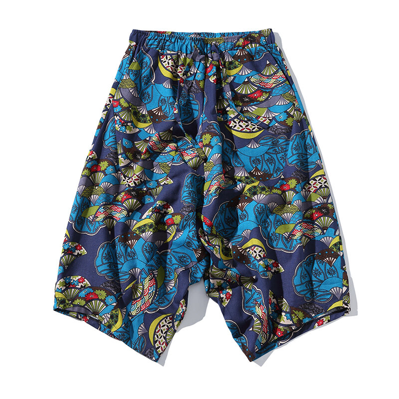 Hawajskie chińskie stylowy nadruk spodnie z szerokimi nogawkami męskie 100% bawełniane spodnie ściągane sznurkiem Streetwear Hip Hop dopasowane spodnie do joggingu