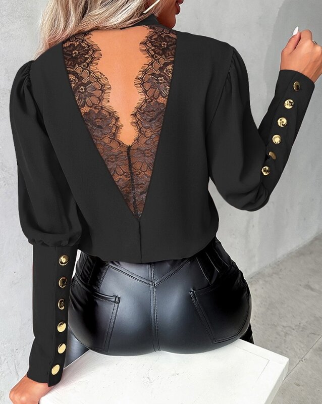 Женская блузка на пуговицах, однотонная кружевная блузка с длинными рукавами и открытой спиной, осень 2023