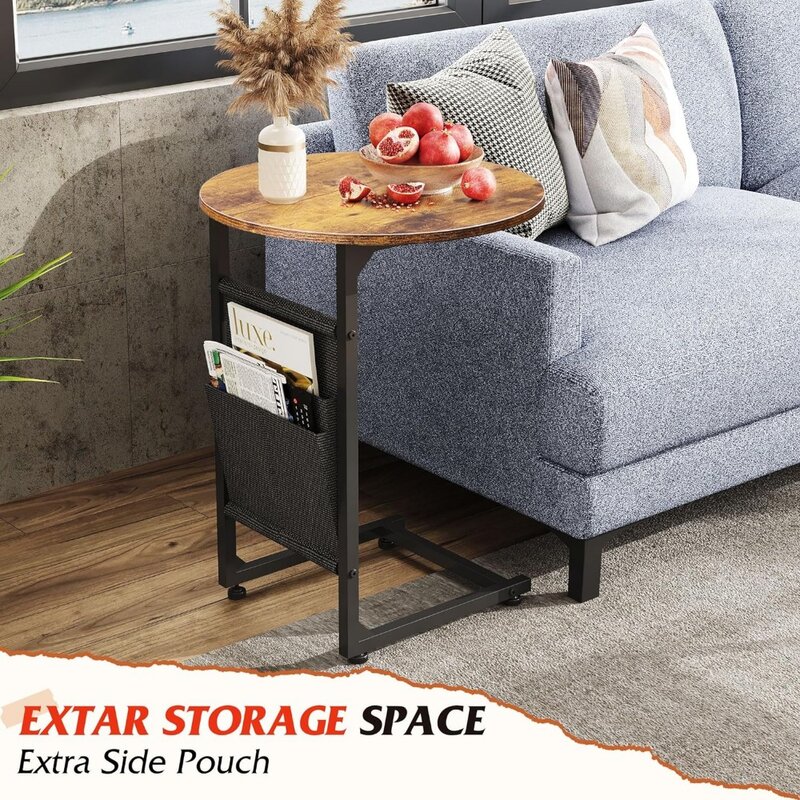 Mesa de café aninhada com bolsa lateral para sala de estar, pequena redonda e retangular, 2 em 1 Design
