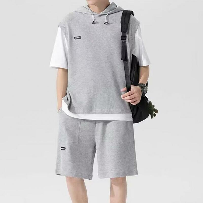 Fake Two Pieces Outfit Men's Casual Sport Outfit Set with Hooded Drawstring Top Elastic Waist Shorts Waffle Texture for Active