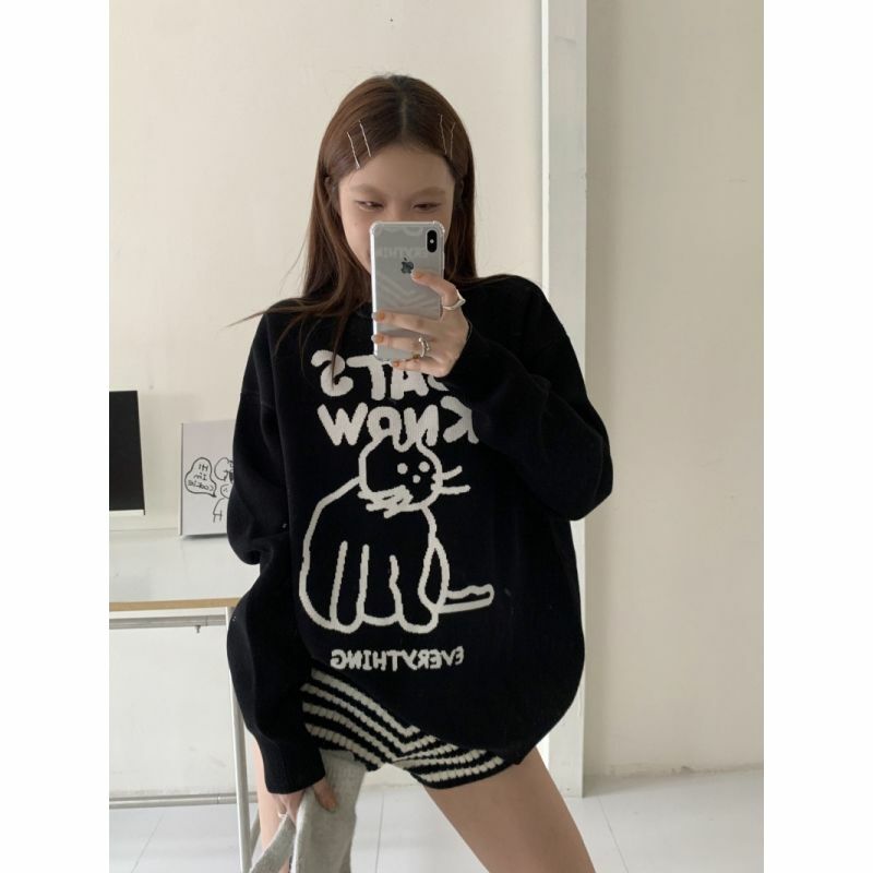 American Retro 2023 Autumn Winter New Round Neck Hand Painted Cat Long Sleeved Knitted Sweater Loose Version Top Women Pullover