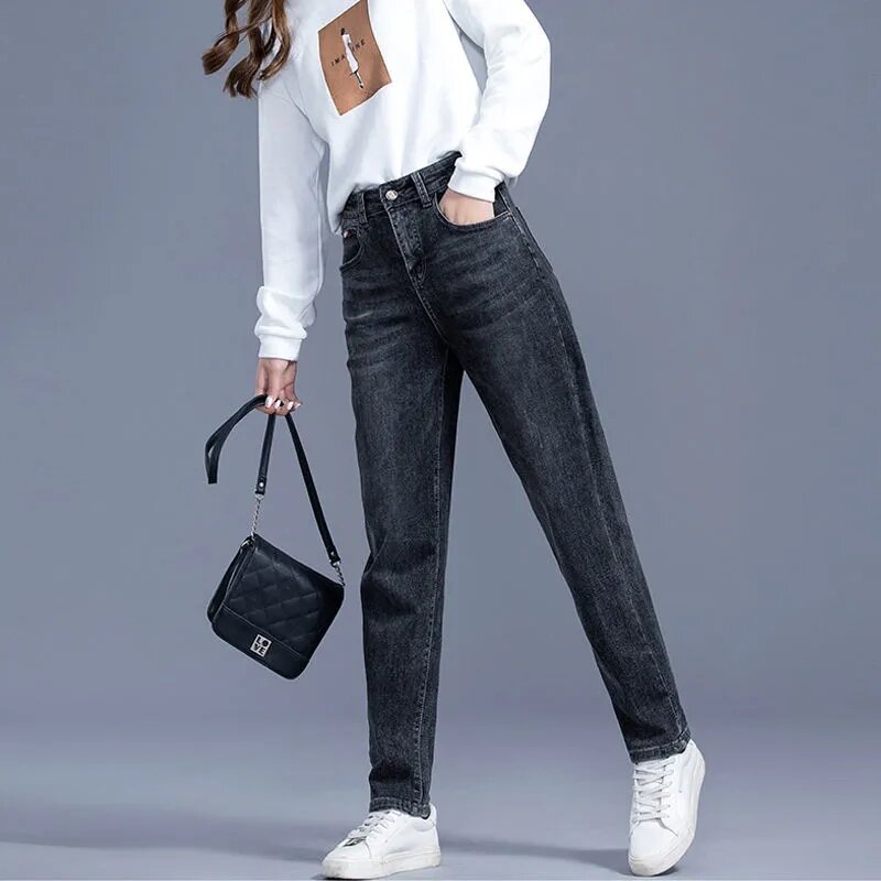 Jeans Harlan feminina de cintura alta com elástico, calça jeans vintage casual solta, calça comprida feminina, nove pontos, primavera e verão, 2024