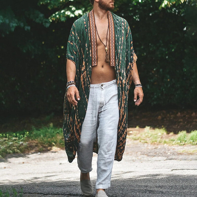 2024 letnie nowe casualowe męskie nieregularne ubrania z filtrem przeciwsłonecznym plażowe koszula z nadrukiem wakacje w stylu Retro luźna moda średniej długości peleryna