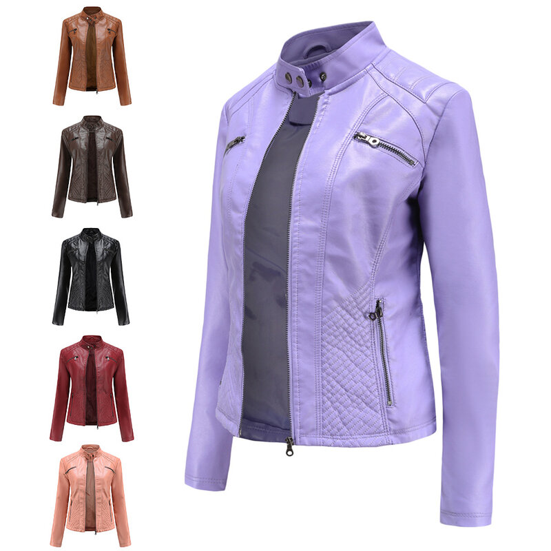 Jaket kulit PU wanita, jaket kulit warna Solid ramping kasual kerah berdiri musim gugur 2024