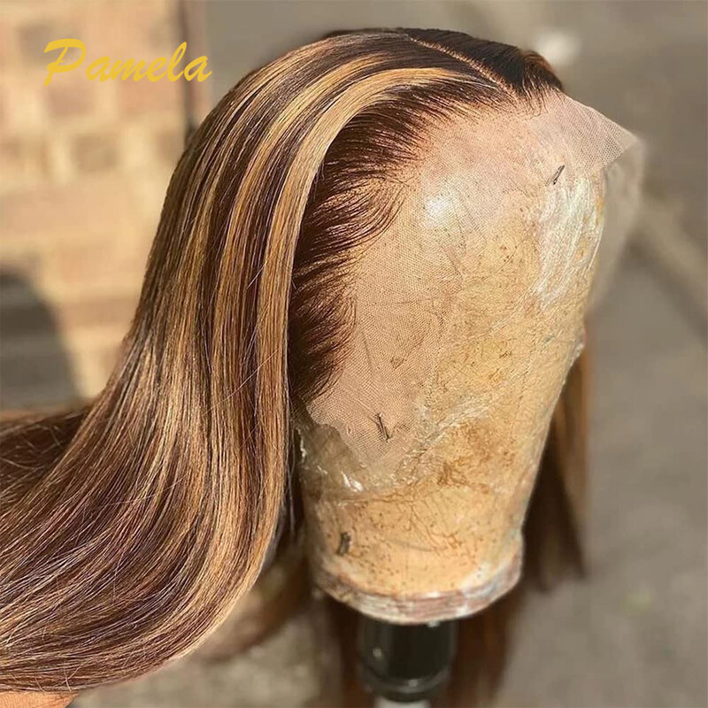 Peluca de cabello humano liso con encaje Frontal para mujer, postizo de 30 pulgadas, color rubio miel, resaltado de color 4/27, 13x6, HD, transparente