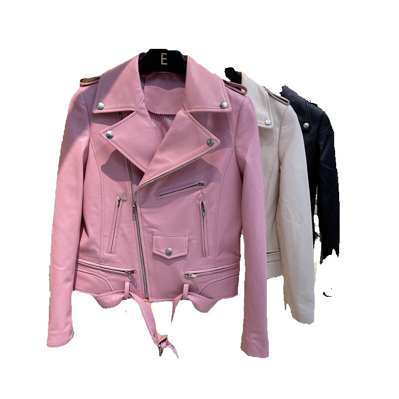 Cappotto in vera pelle delle nuove donne stagionali giacca corta dimagrante cappotto moto Trendy Pink