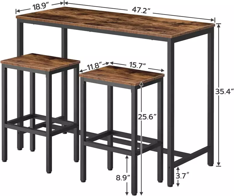 Hooker Set meja dan kursi Bar, bangku 2 Pub persegi panjang 47.2 ", Set sarapan 3 potong untuk ruang tamu dapur