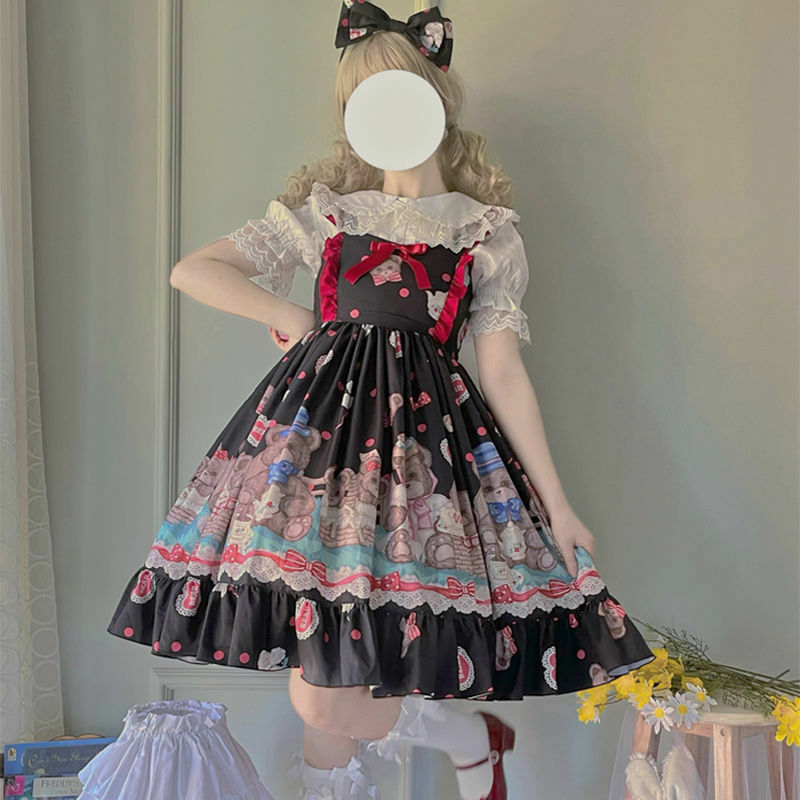 Bonito das mulheres lolita urso parque vestido kawaii japonês jsk suspender vestido boneca vestido feminino menina de fadas vestidos