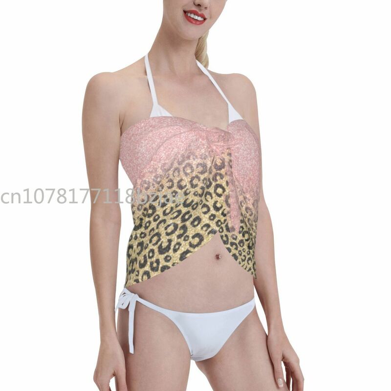 Traje de baño de leopardo negro con purpurina para mujer, caftán, Sarong, falda transparente con cordones, Bikinis, faldas