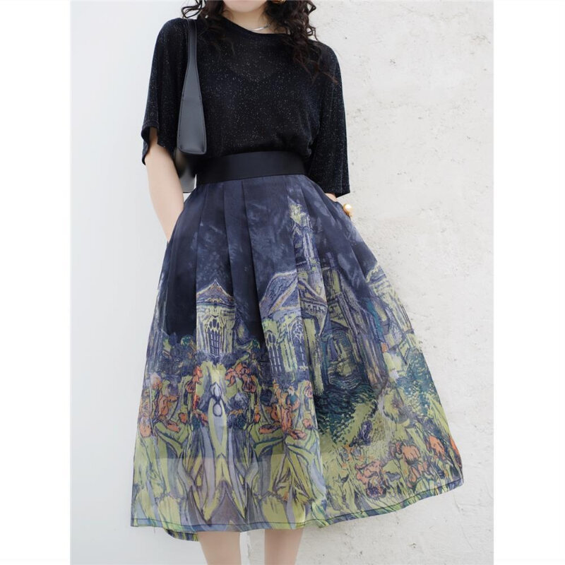 Female Stitching Jacquard Skirt Floral Embroidery Mid-length A-line Skirt Women High Waist Office Lady Chic Elegant Skirts Q586
