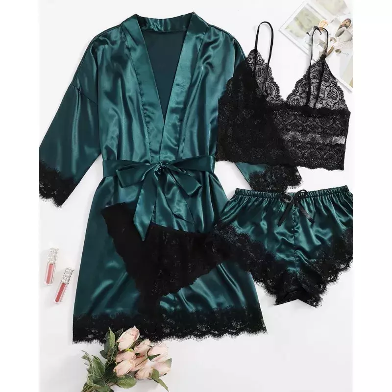 2024 New Sexy Sexy Women's Nightwear Four-piece Set of Large Size Nightgown Suspender Set To Wear Home Wear