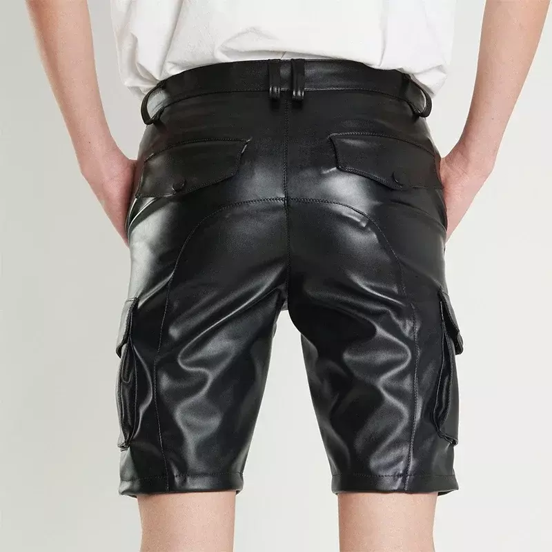 Men's Faux Leather Motorcycle Biker Shorts Stretch PU Cargo Pants with Pocket Casual Fit Straight Hot Pants Clubwear Custom New