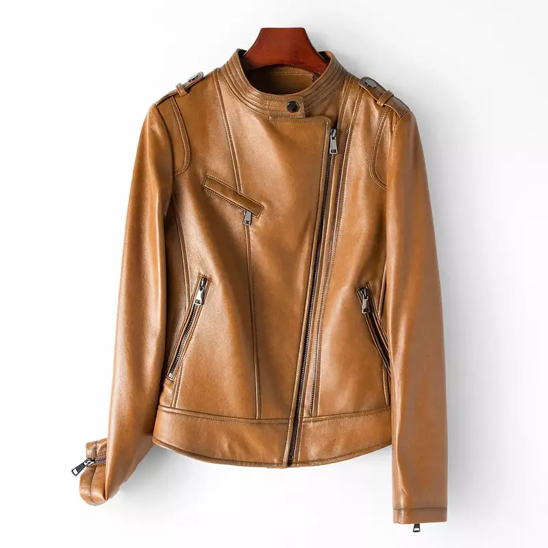 2023 New Women Genuine Sheepskin Leather Coat Motorcycle Style Real Sheepskin Leather Jacket H30