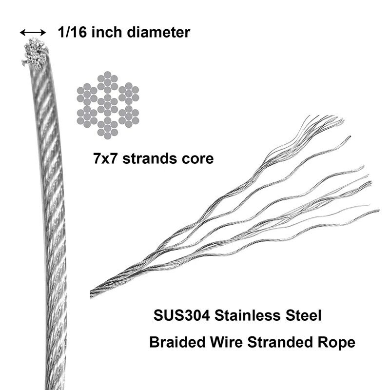 Kabel tali kawat 1/16 inci X 500 kaki, kawat kepang tali untai luar ruangan tali pesawat untuk teralis