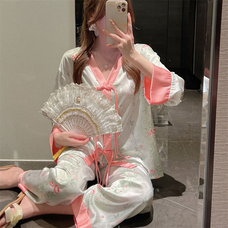 Conjunto pijama de seda gelo feminino, estilo chique chinês, terno de manga comprida, roupa de casa, pijama, noite, primavera, outono