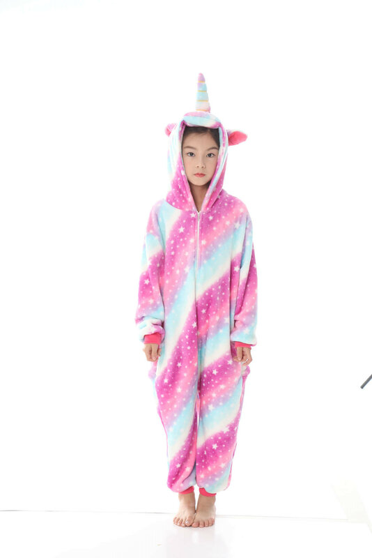 Children Cartoon Animal Jumpsuits Kigurumi Kids Winter Flannel Unicorn Tiger Lion Oneises Pijamas Girls Boys One-piece Sleepwear