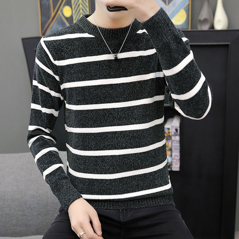 Suéter de punto con cuello redondo para hombre, ropa holgada a rayas, jerséis informales que combinan con todo, Tops cálidos coreanos, 2022