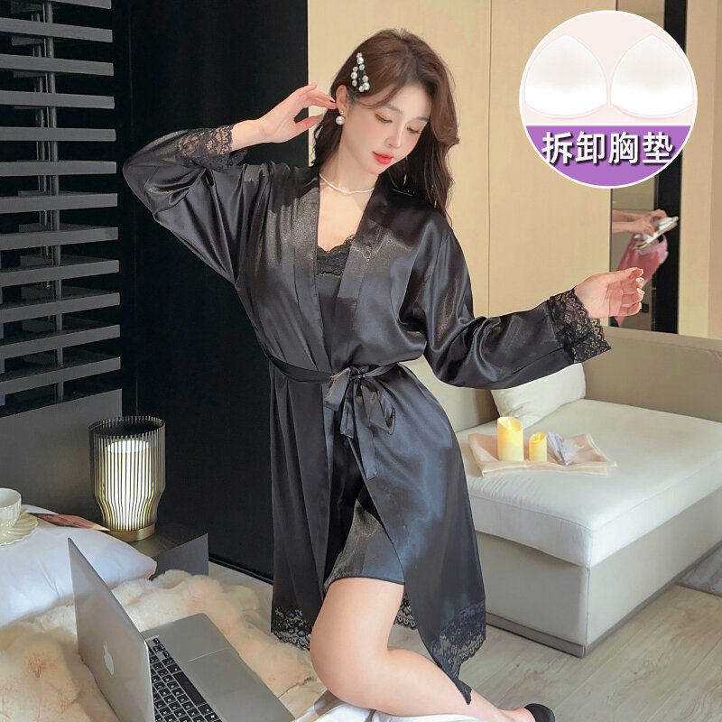 Spring/Summer Long sleeved Women's Sexy and Pure Desire European and American Solid Color Imitation Silk Sling Dress Set of Two