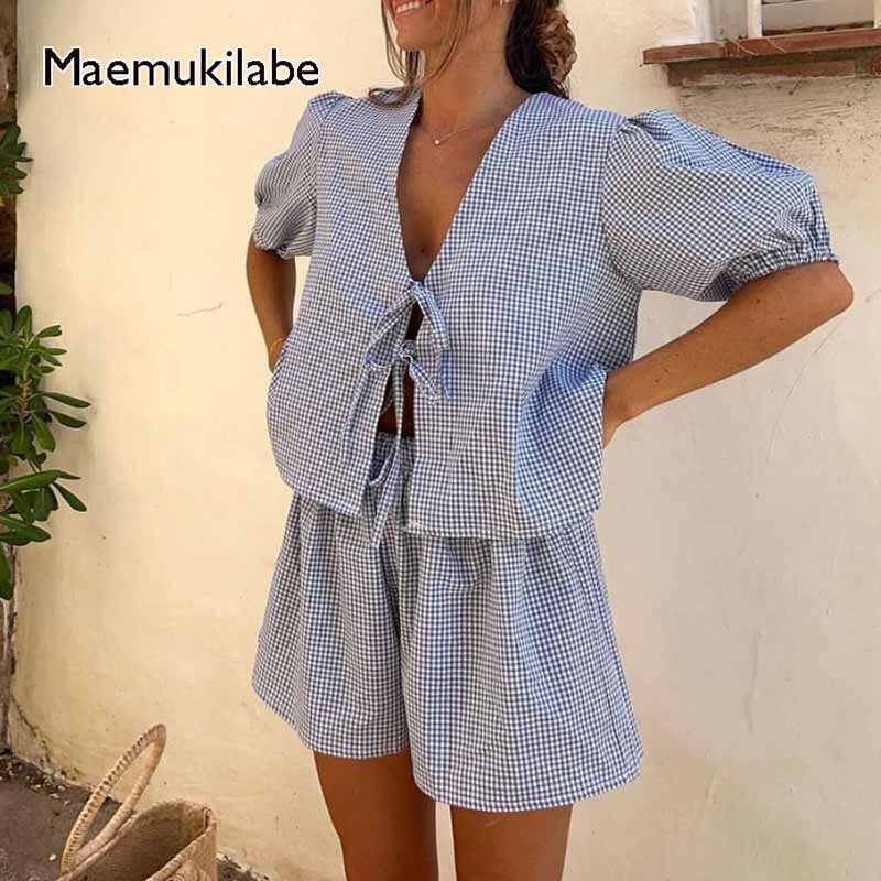 Maemukilabe y2k Vintage Plaid Outfit lose V-Ausschnitt Puff ärmel vorne Krawatte Bluse Top Shorts Frauen 2 Stück Lounge Matching Set