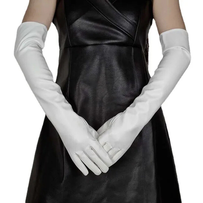Lady Winter Women Warm Full Finger Touch Screen PU Leather Mitten Female Silky Inside Long Dress Etiquette Elbow Glove G203