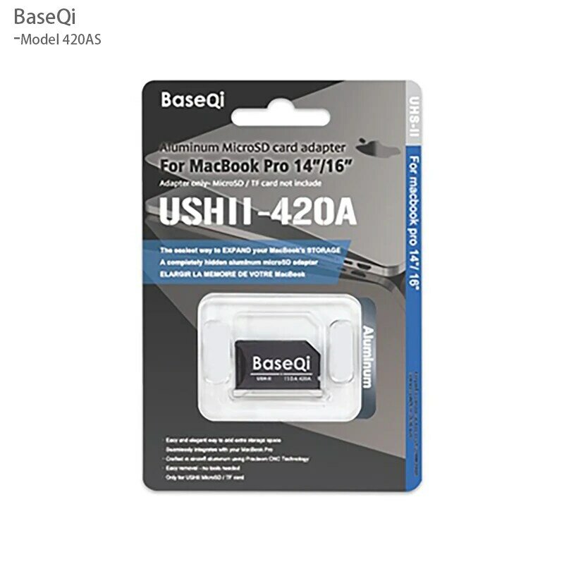 BaseQi 알루미늄 미니 드라이브 카드 리더기, 맥북 프로용, 14 인치, 16 인치 M1 M2 M3 마이크로 sd 카드 어댑터, 420AS, 2023 년 22/21 년