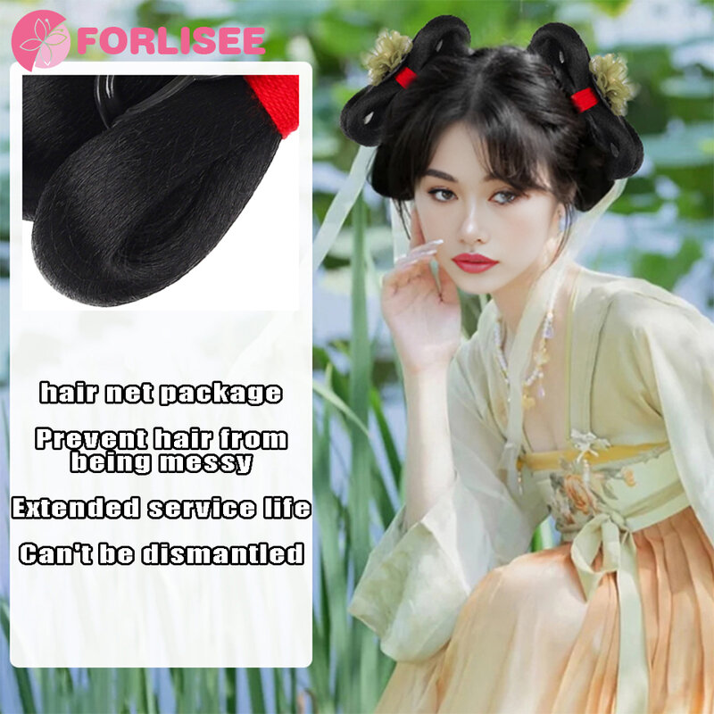 FORLISEE  Ancient Costume Hanfu Wig For Women All-in-one Grab Clip Hair Bag Antique Shark Clip Hair Bun Bow Pad Hair Bag