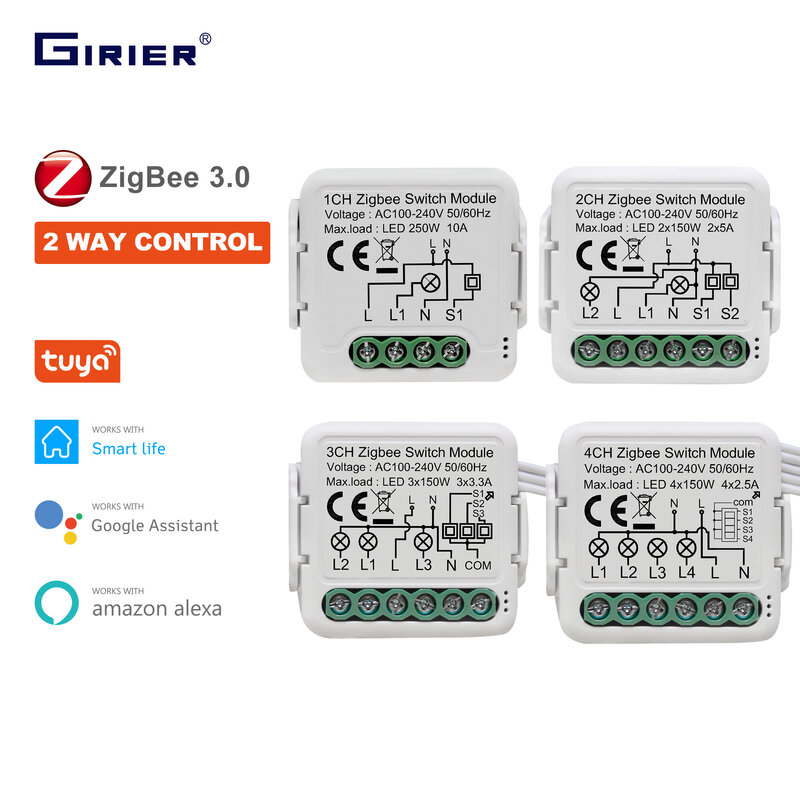 GIRIER Tuya ZigBee 3.0 Switch Module 10A Smart Home DIY Breaker 1 2 3 4 Gang Supports 2 Way Control Works with Alexa Google Home