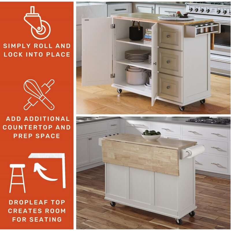 Homestyles Mobile Kitchen Island Cart with Wood Drop Leaf Breakfast Bar,,Soft White, 54 Inch Width
