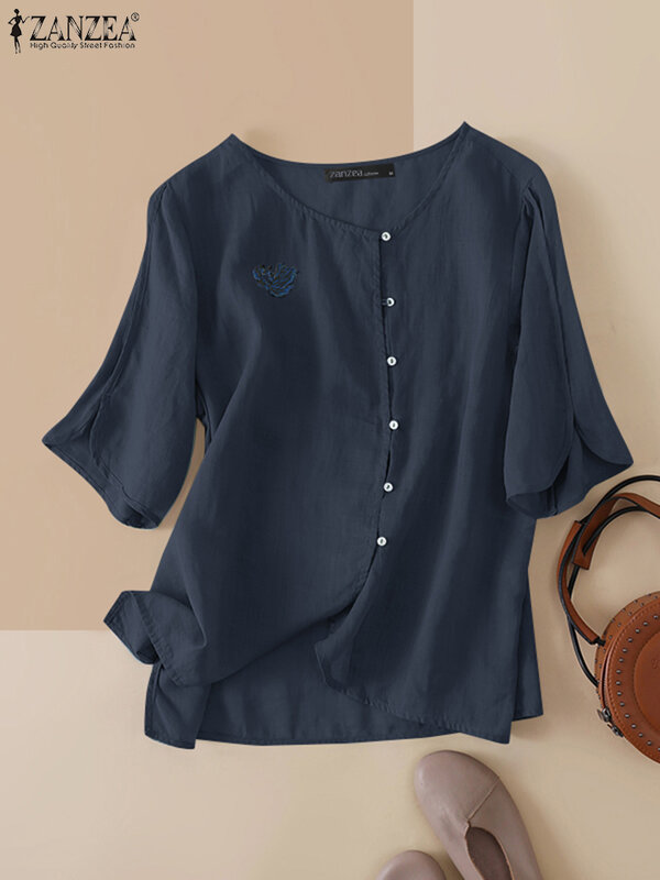 ZANZEA Summer Eleagnt Shirts Women V Neck Floral Embroidery Blouse Half Sleeve Work Tops Causal Loose Cotton Blusas Femme Tunic