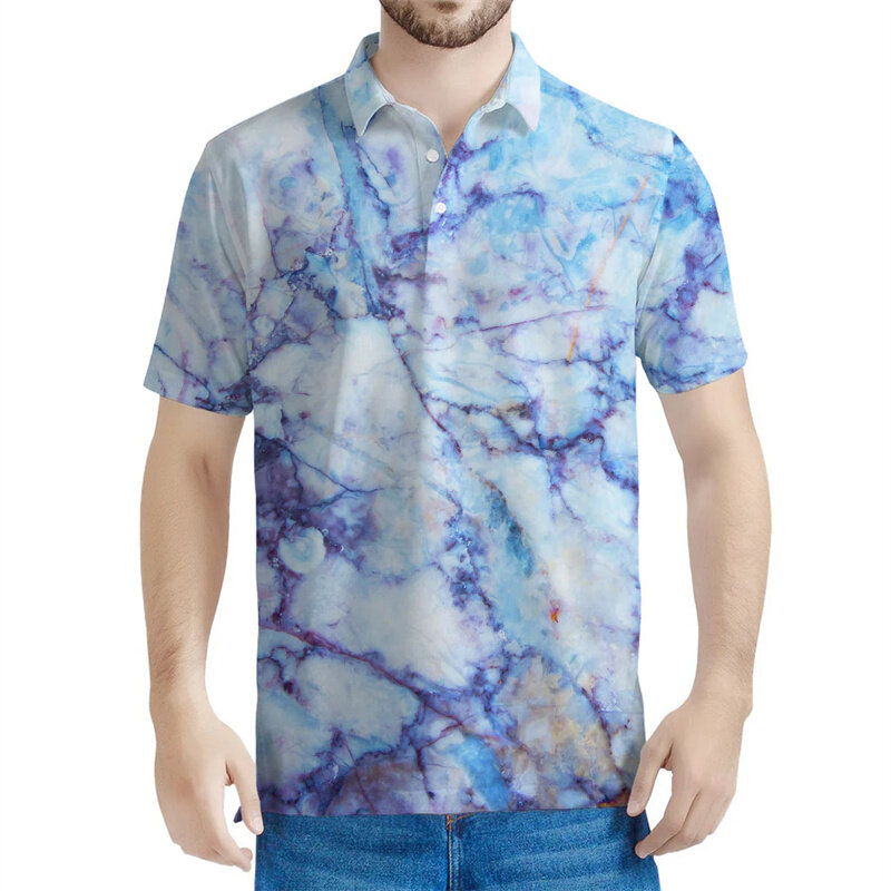 Modne marmurowe graficzne koszulki polo dla mężczyzn Kobiety Lato Nadruk 3D Krótkie rękawy Casual Street Button Koszulka polo Oversized Tees