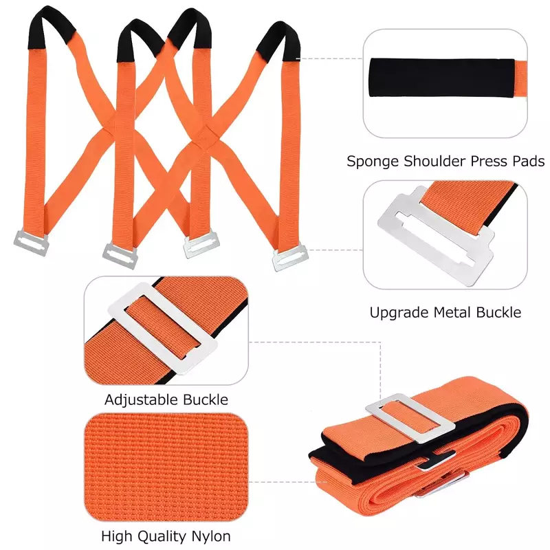 Tali bergerak 2 orang, sistem pengangkat dan pemindah bahu oranye untuk membawa peralatan mebel kasur atau benda berat