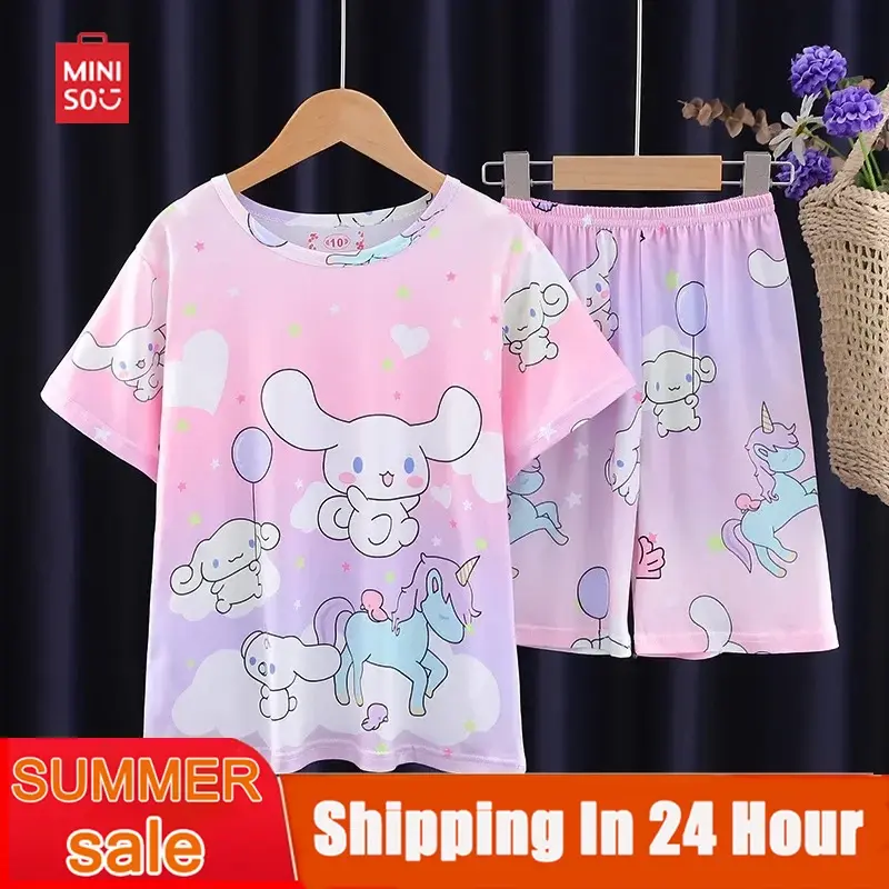 Miniso-Conjunto de pijama de dibujos animados Kawaii para niño y niña, ropa de dormir informal y holgada, regalo de verano