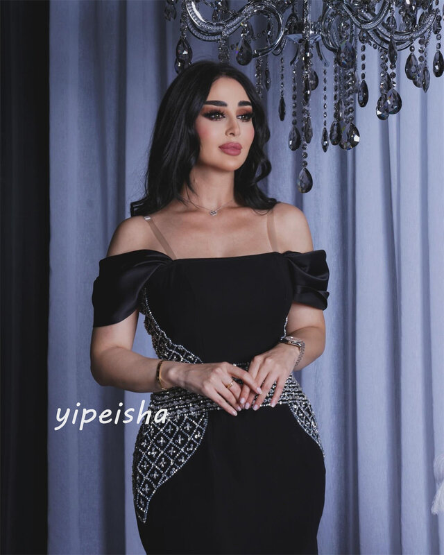 Ballkleid Abend Saudi-Arabien Trikot Perlen drapiert Falten Cocktail Party a-line schulter frei maßge schneiderte Anlass Kleid