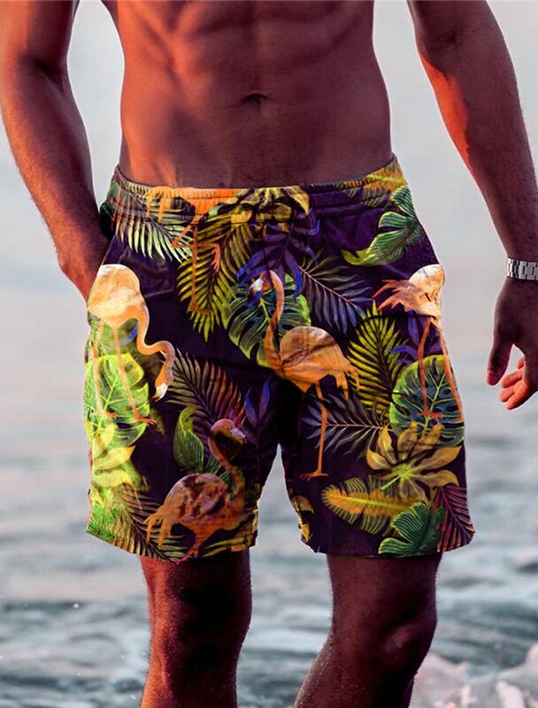 Pantalones cortos de baño para hombre, bañador con cordón, hoja, flamenco, gráficos, secado rápido, informal, vacaciones, Hawaiano, microelástico