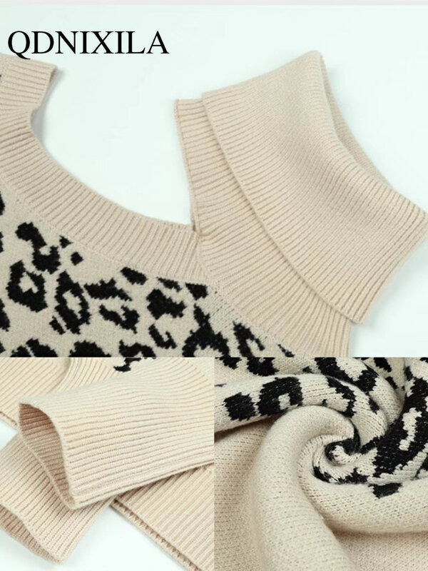 Moda top 2022 donna donna selvaggia con spalle scoperte maglioni lavorati a maglia collo alto leopardo stampato manica lunga Pullover moda coreana