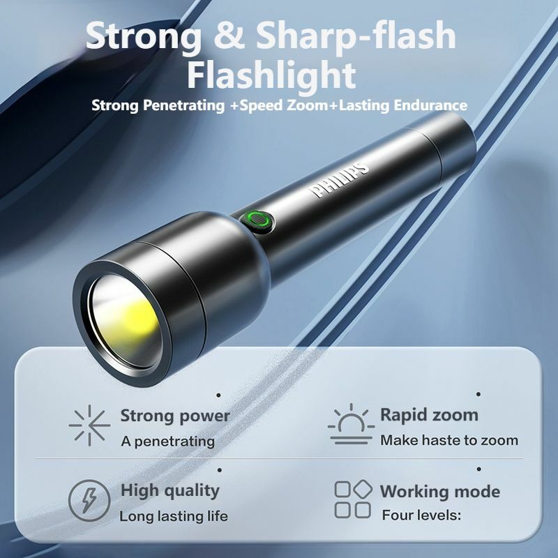 Philips-linterna LED con batería recargable USB 18650, 4 modos de iluminación, resistente al agua, para acampar al aire libre, autodefensa