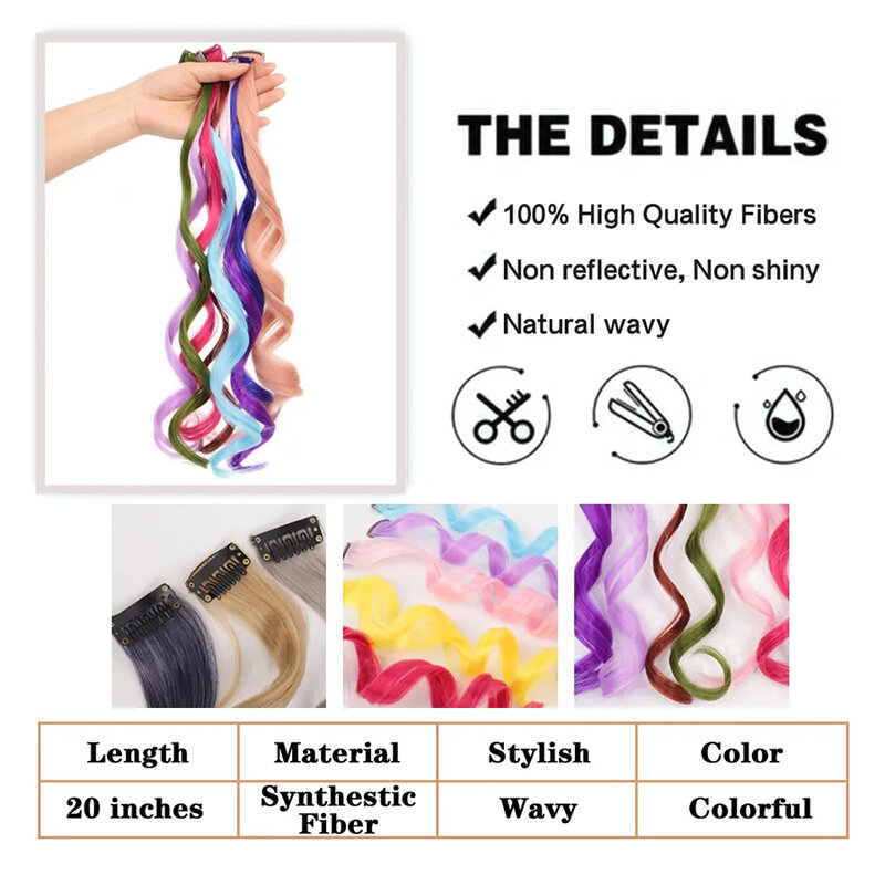 Extensiones de cabello rizado de colores, postizo largo sintético de un Clip para niñas, mujeres y niños, peluca de reflejos de fiesta multicolor, pieza de peluca