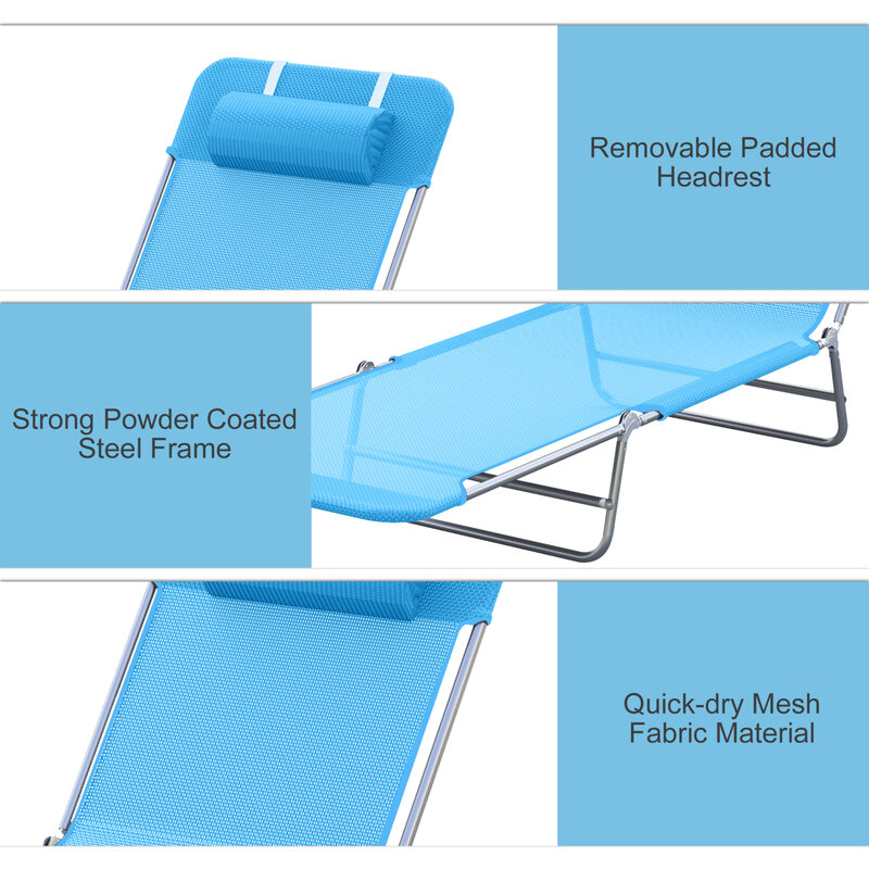 Outsunny-Chaise longue pliante confortable avec oreiller, dossier inclinable, cadre en acier, maille respirante, chaises de piscine