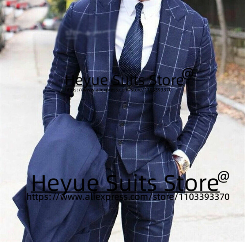 Office Work Plaid Formal Men Suits Slim Fit Peak Lapel Groom Wedding Tuxedos 3 Pieces Sets Business Male Blazer Costume Homme