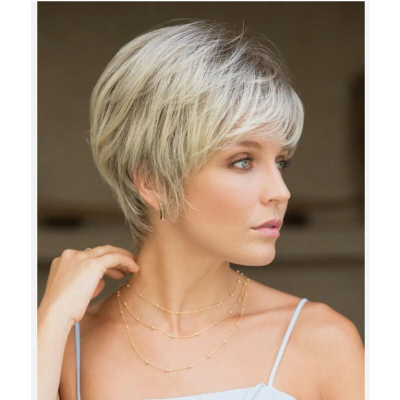 Short Straight Light Gray Ombre Black High Temperature Synthetic hair Wig for women