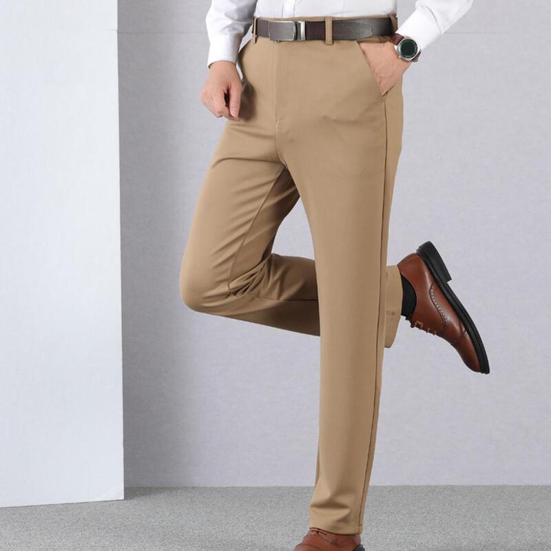 Celana kasual pria, celana setelan klasik pria kasual bisnis saku panjang penuh celana kerja Hombre Solid pinggang tinggi lurus celana Formal kantor