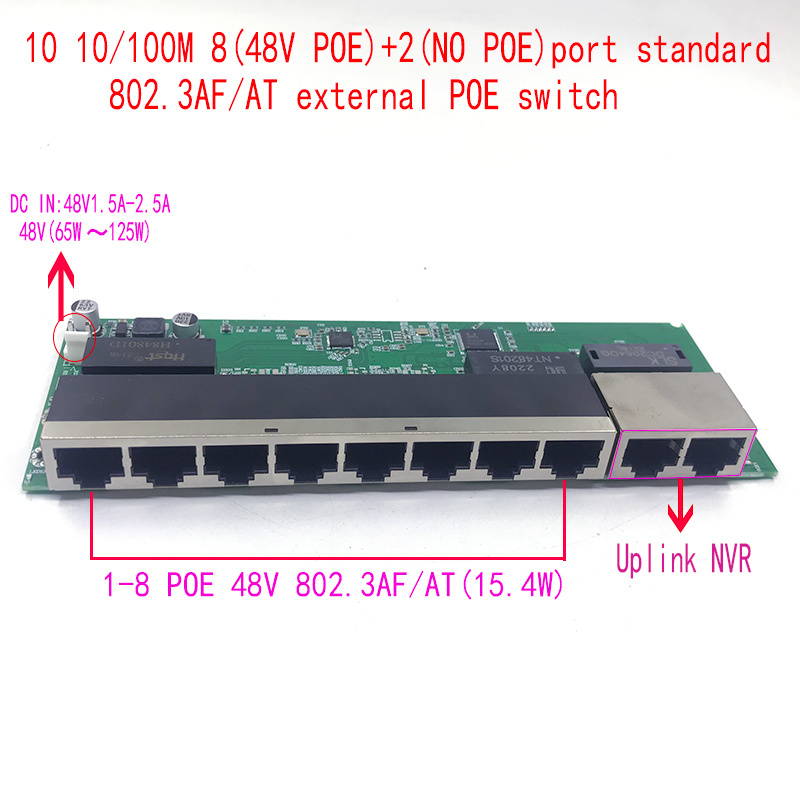 표준 프로토콜 802.3AF/AT 48V POE 출력/48V poe 스위치 100 mbps POE 포트, 100 mbps 업 링크 지원, poe 전원 스위치 NVR