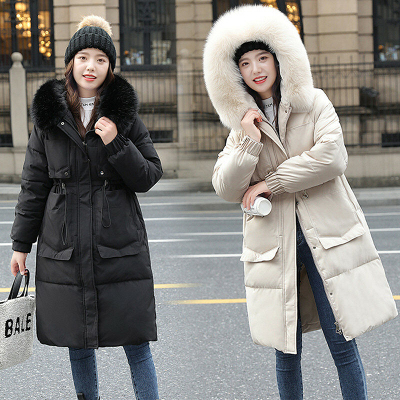 Parka de capuz longo feminino com gola de pele, neve quente, roupas acolchoadas, casaco de algodão grosso, nova moda, inverno