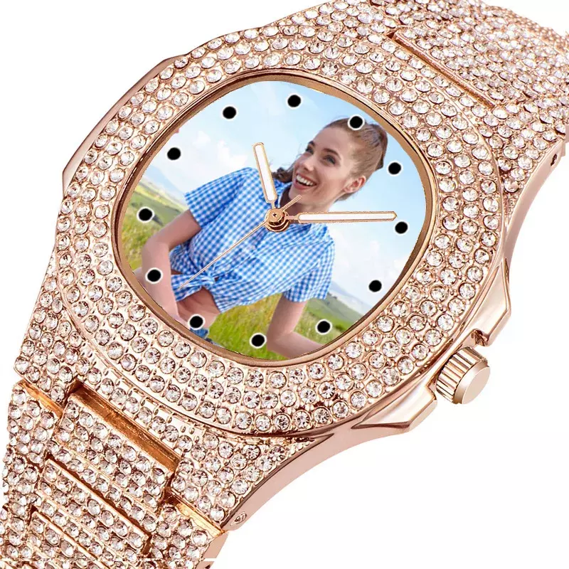 Relógio de quartzo de strass de luxo masculino, Design Foto, Logotipo Personalizar Dial com Imagem, Cor Ouro Rosa, DIY