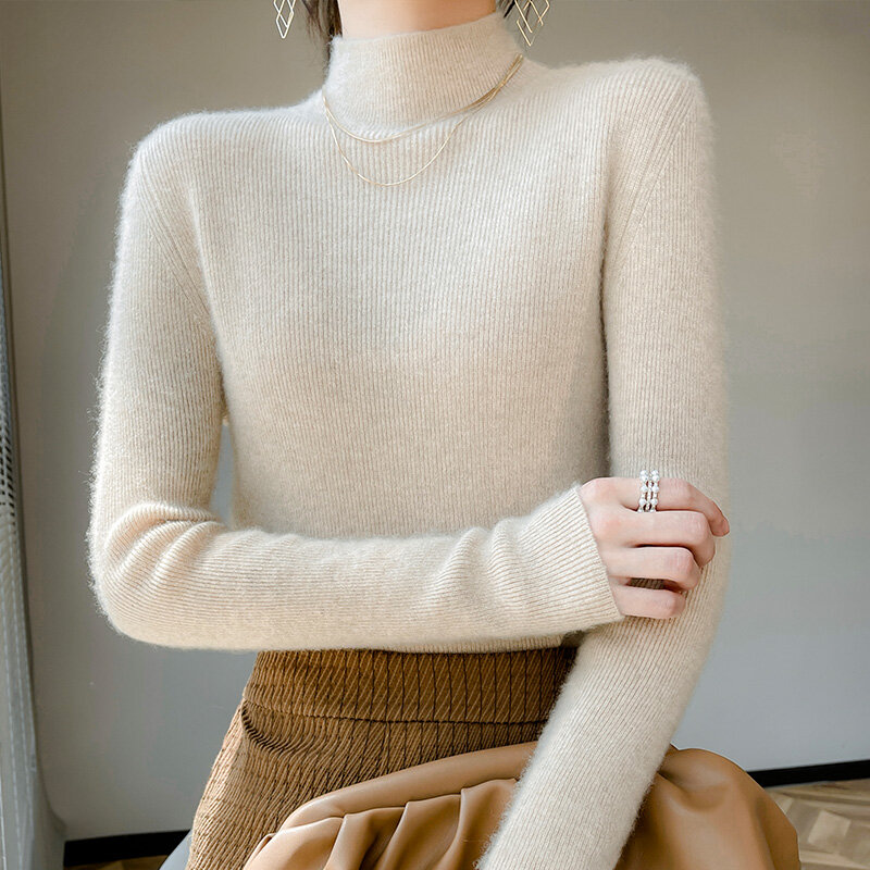 하프 터틀 넥 셔츠 여성용, 단색 슬림 울 스웨터 가을/겨울 신상