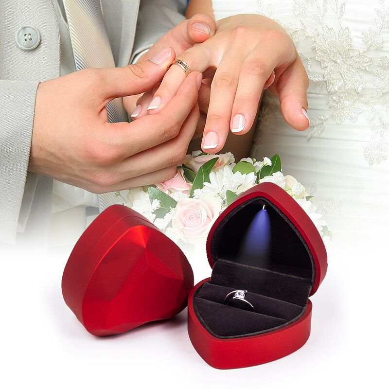 Coração quadrado em forma de led caixa de anel de luz veludo jóias exibição presente armazenamento caso casamento noivado proposta caixas aniversário