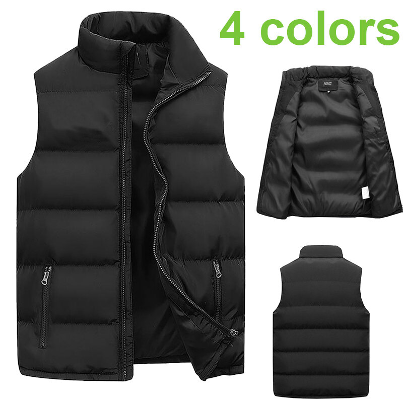 2023 남성용 민소매 다운 조끼 코트, 두꺼운 스탠드 넥, 단색 면 조끼, 덕다운 지퍼 재킷, 가을 및 겨울 패션